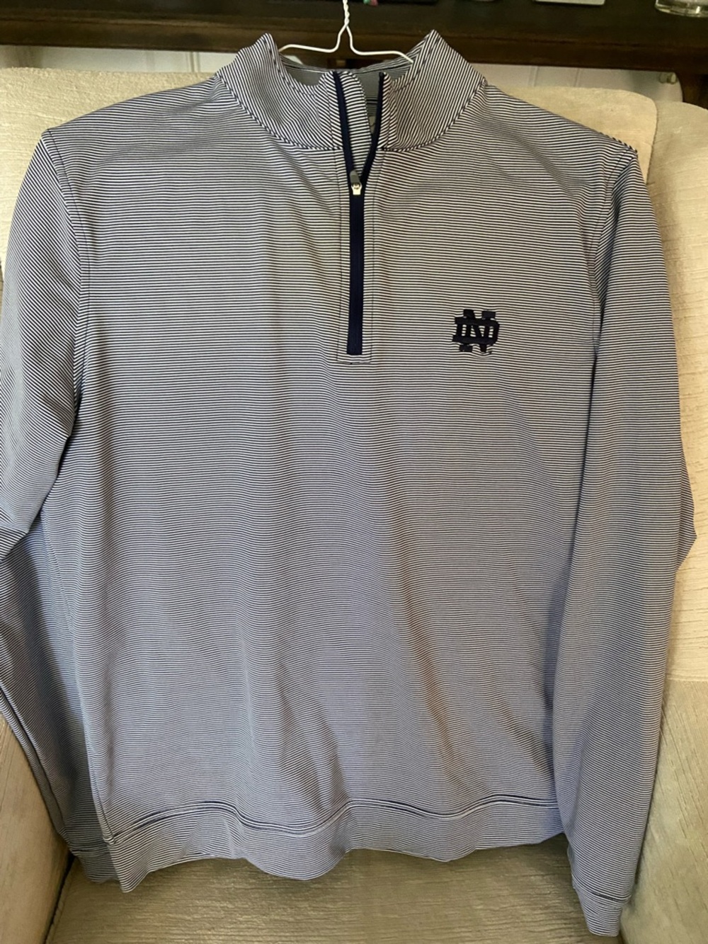 Peter Millar Navy and White Striped Notre Dame Zip Shirt Jacket